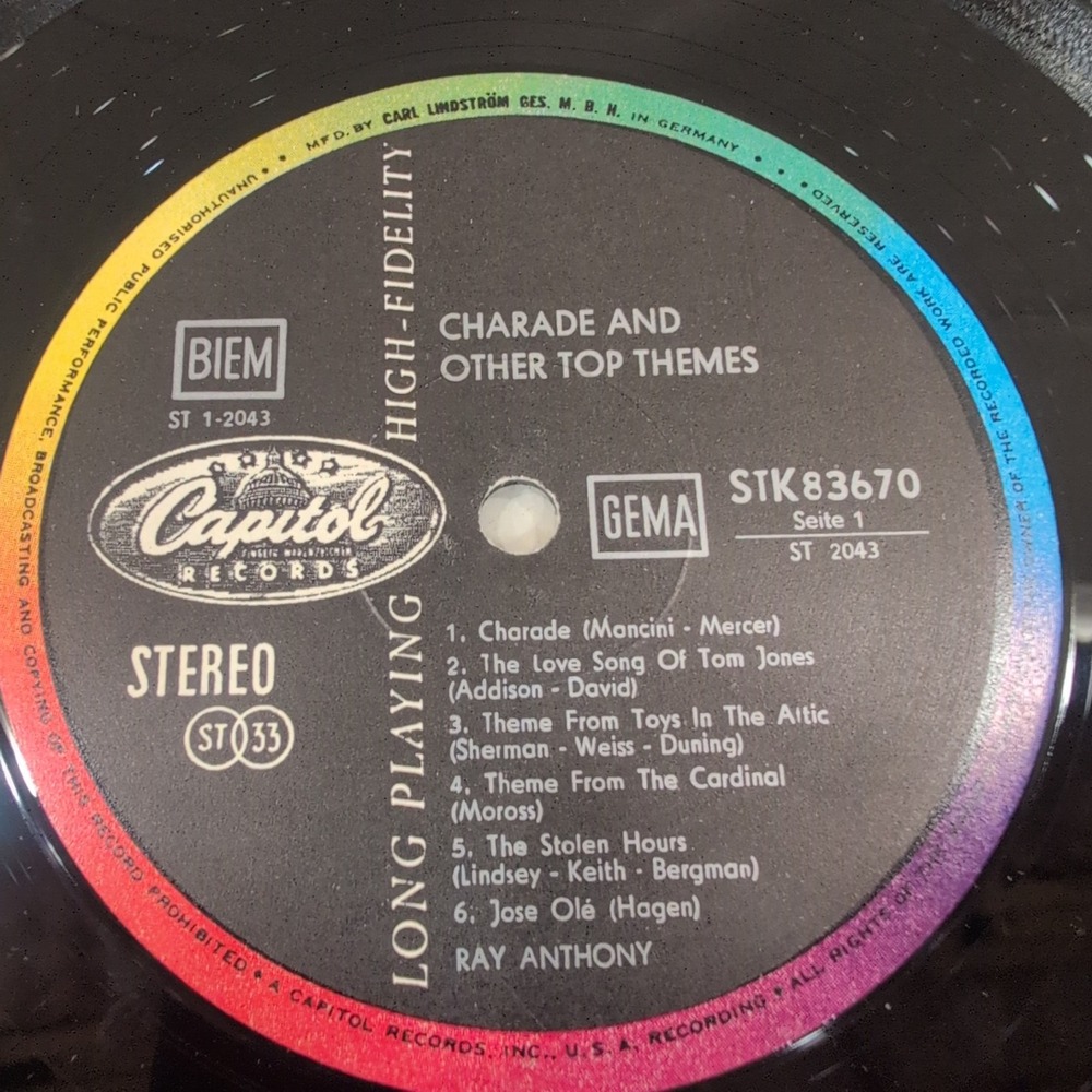 Ray Anthony Charade and Other Top Themes Vinyl LP Capitol STK 83670 Stereo VG - Picture 6 of 6